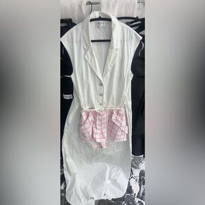 Chanel~White and Pink Plaid Button-Up jumpsuit
